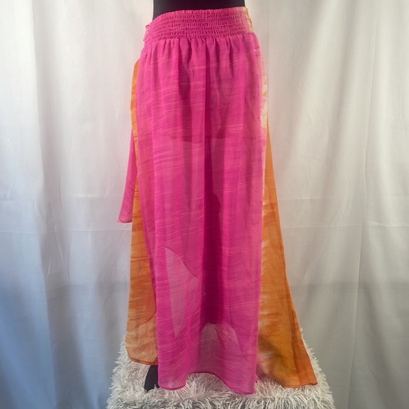 Arden B high low long skirt hot pink, orange elastic waist lined, large - Picture 3 of 9